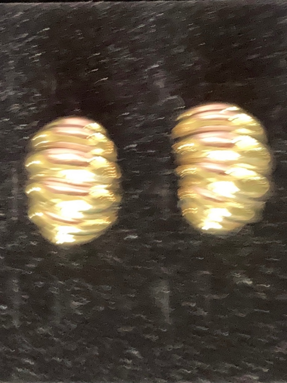 Yellow Gold Tone Ribbed Shrimp Earrings/Slight Diagonal Design/Post & Clutch